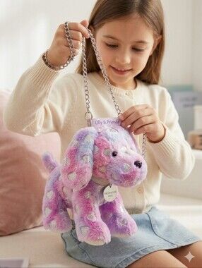 😺OLLY & FRIENDS Tie Dye Doggy with Foil Hearts in Pink/Purple BAG ON CHAIN